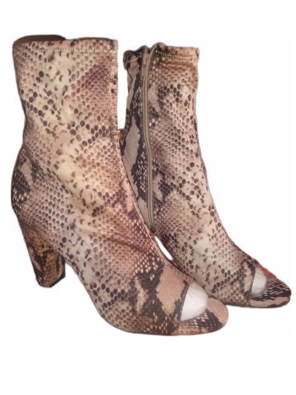"Girl In The Wild" Peep-Toe Snake Print Ankle Boots - Beige Brown